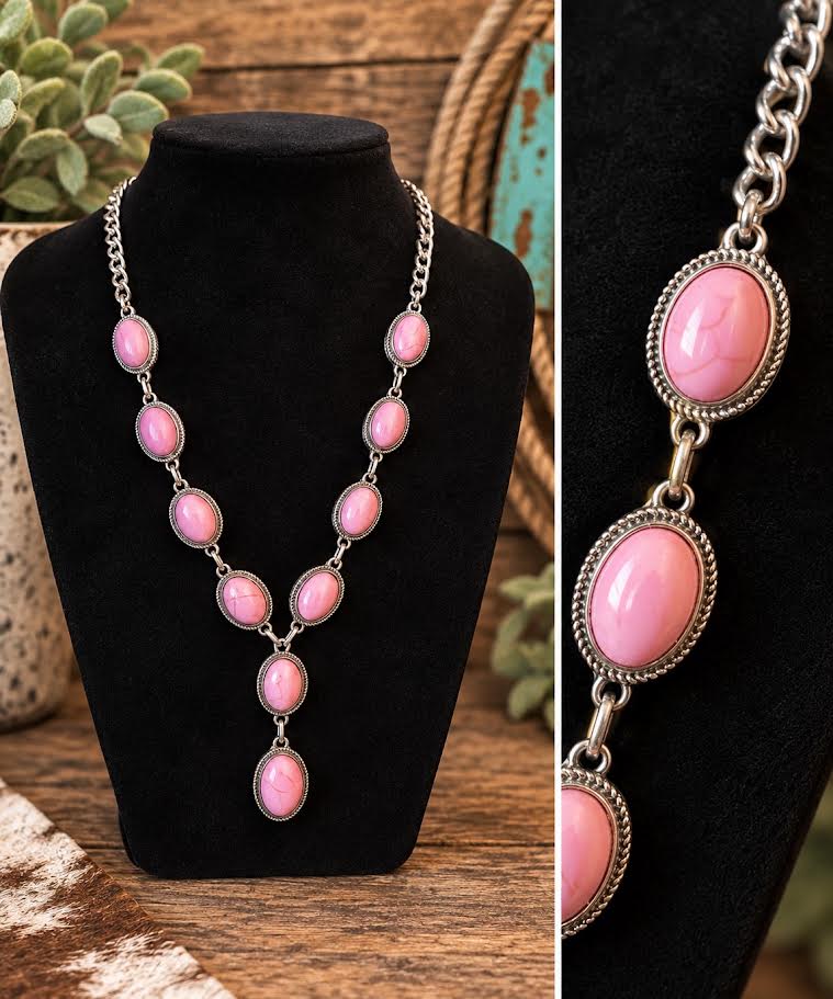 Pink oval stone concho Y-drop necklace on silver curb chain with close-up detail shot