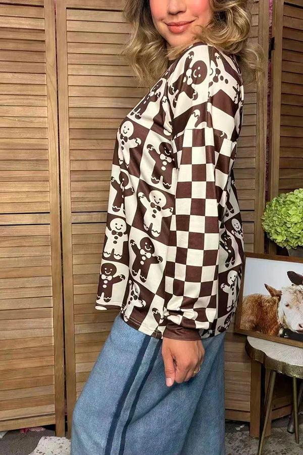 Christmas Gingerbread Man Checkered Long Sleeve Top