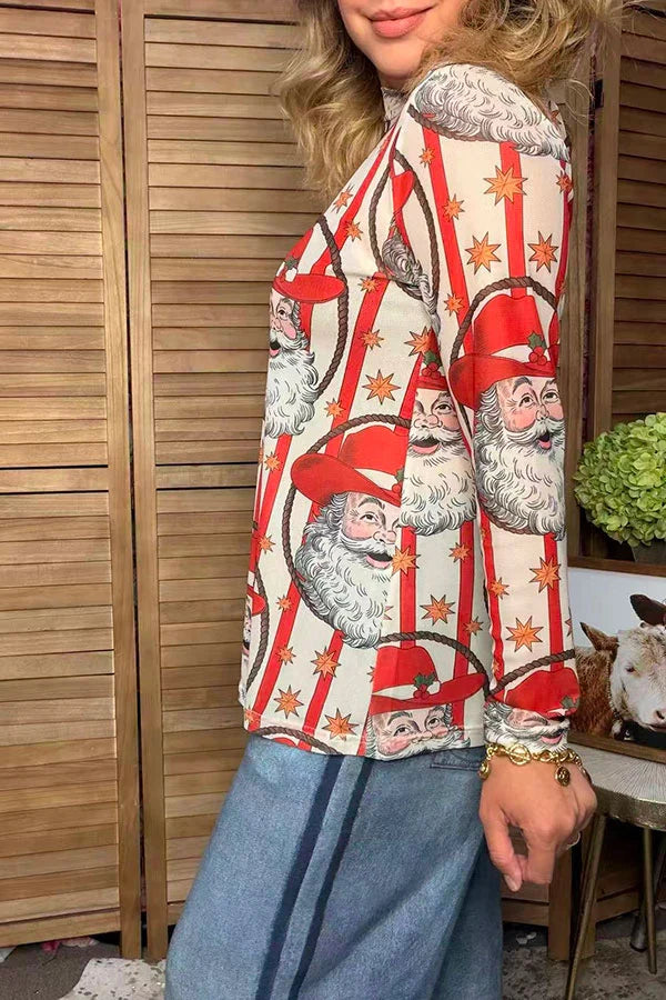 Western Christmas Santa Sheer Long Sleeve Top