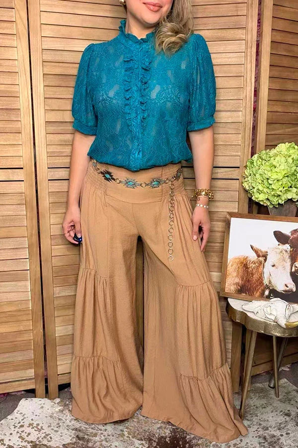 Western Teal Lace Sheer Ruffle Short Sleeve Top