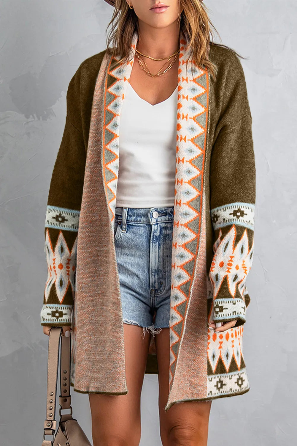 Brown Aztec Print Open Front Knitted Cardigan - front view