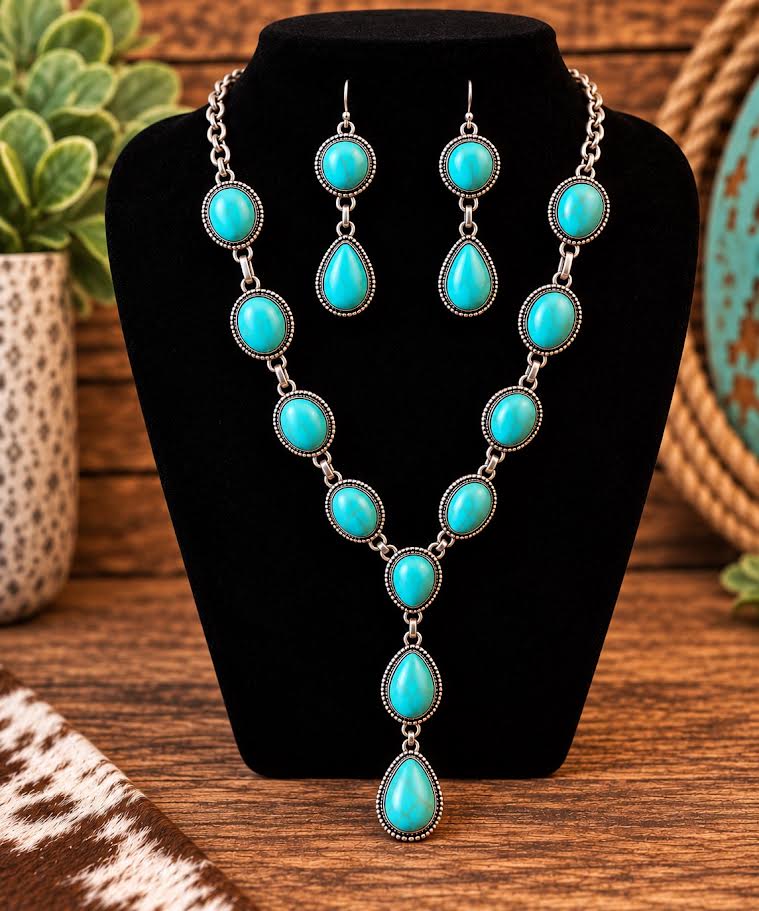 Turquoise oval stone Y-drop necklace with matching earrings on silver link chain