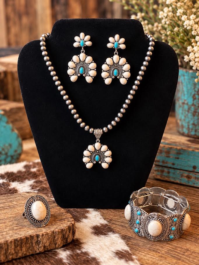 4-piece Western squash blossom jewelry set with necklace, earrings, bracelet, and ring in antique silver with white stone and turquoise