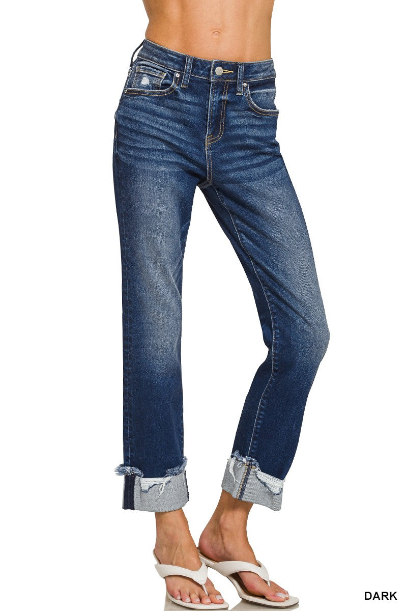 Cuffed Distressed Hem Dark Wash Denim