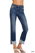 Cuffed Distressed Hem Dark Wash Denim