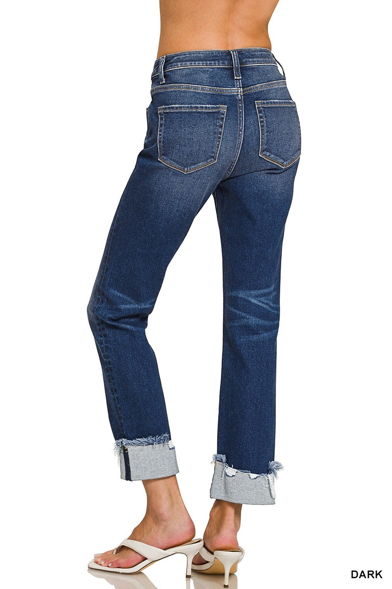 Cuffed Distressed Hem Dark Wash Denim