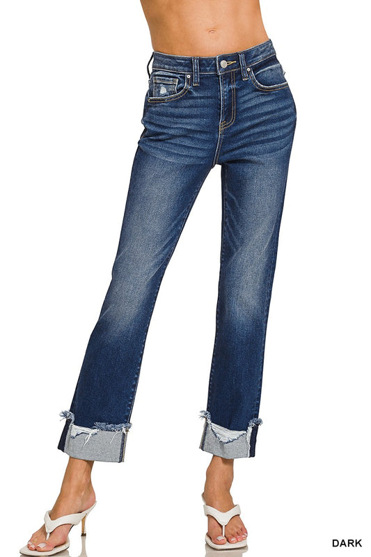 Cuffed distressed hem dark wash denim jeans
