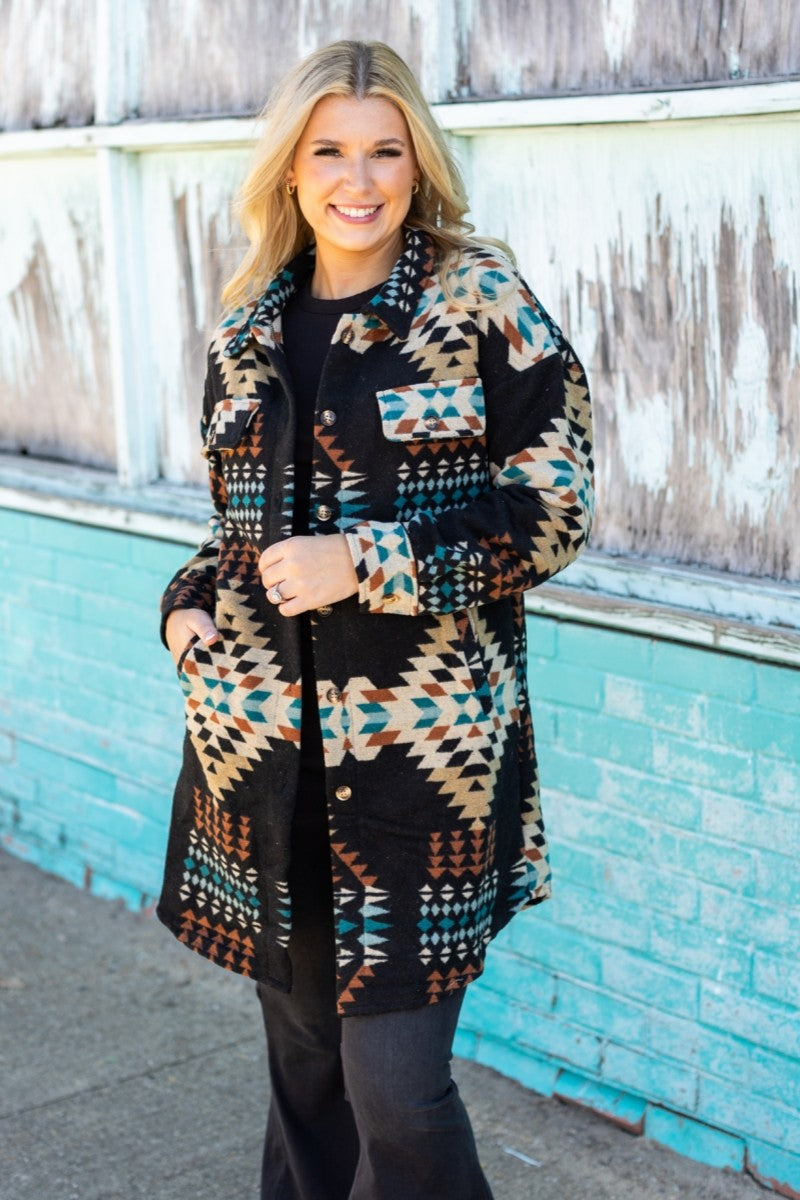 Western Aztec Long Shacket in black and teal geometric print