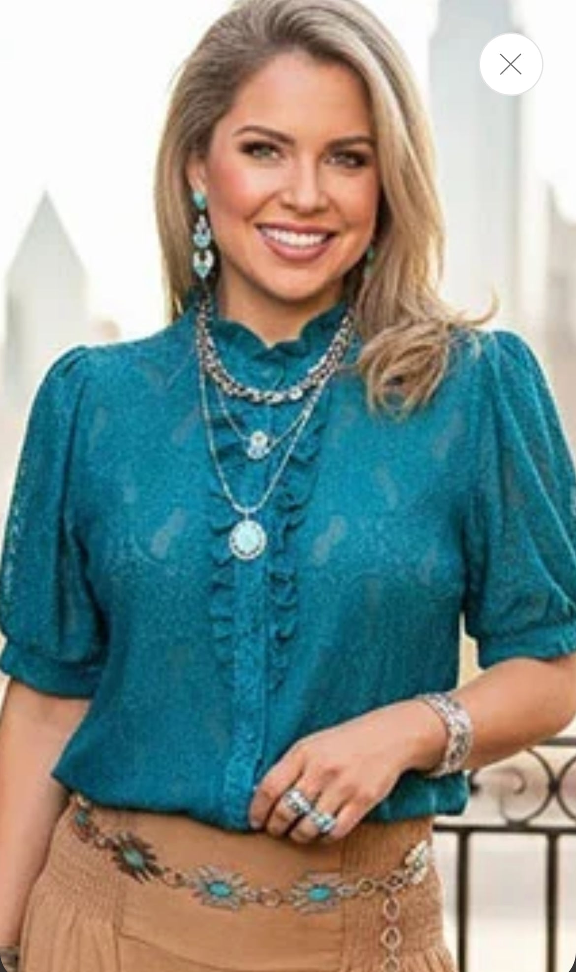 Western Teal Lace Sheer Ruffle Short Sleeve Top