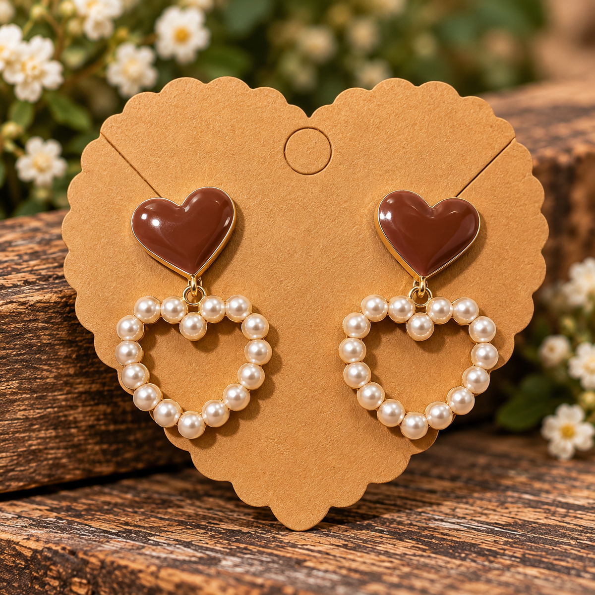 Brown Heart & Pearl Drop Earrings