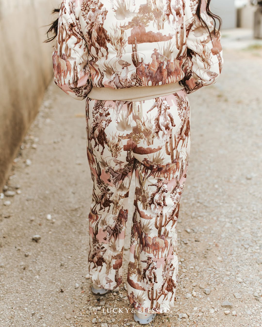 Western print wide leg pants back view