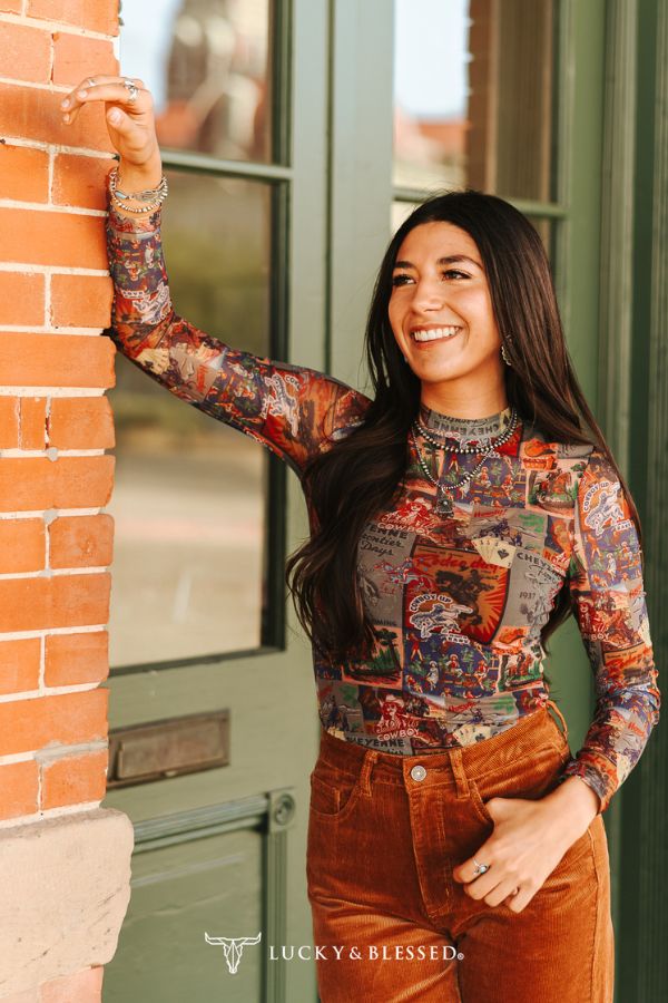 Lucky & Blessed Cheyenne Frontier Days mesh top - side smile shot