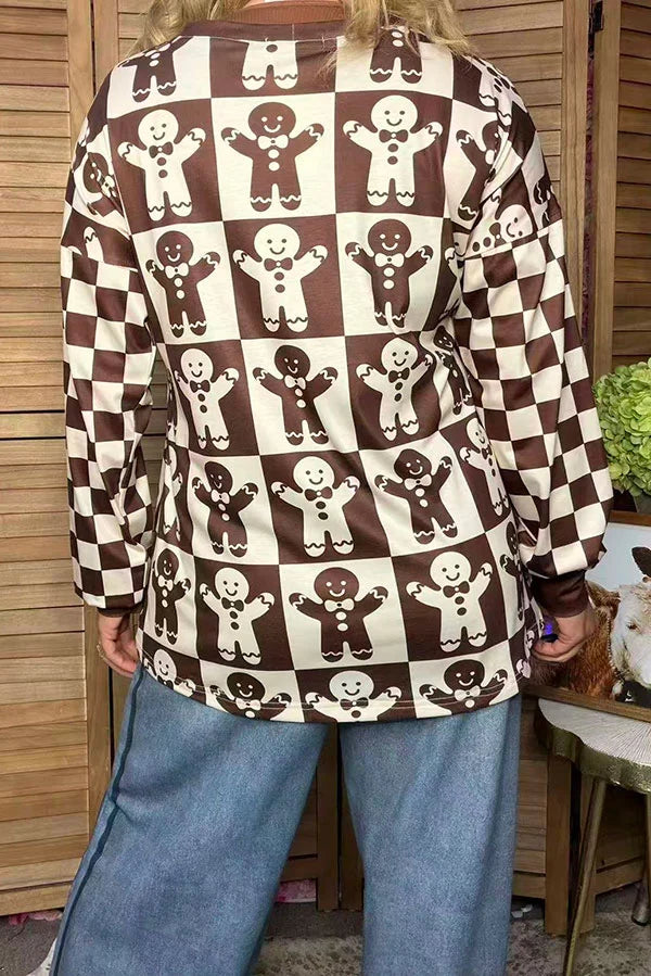 Christmas Gingerbread Man Checkered Long Sleeve Top