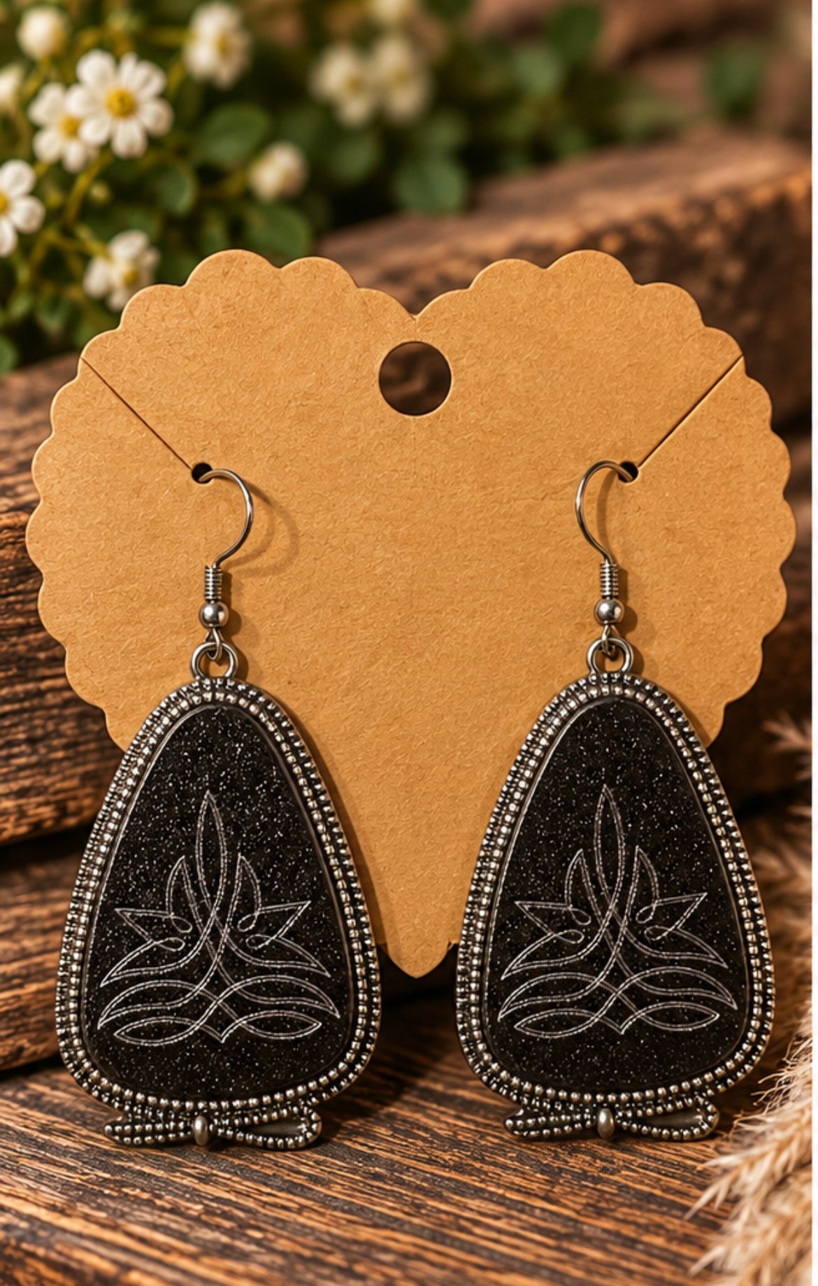 Black Leather Look Floral Engraved Drop Earrings