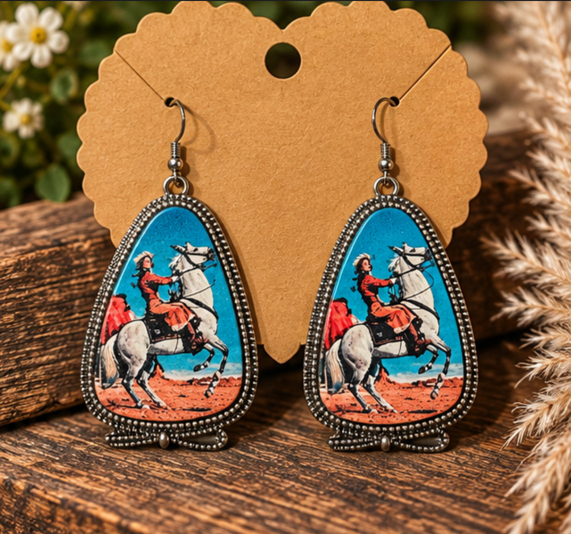 Cowgirl & Horse Scene Drop Earrings