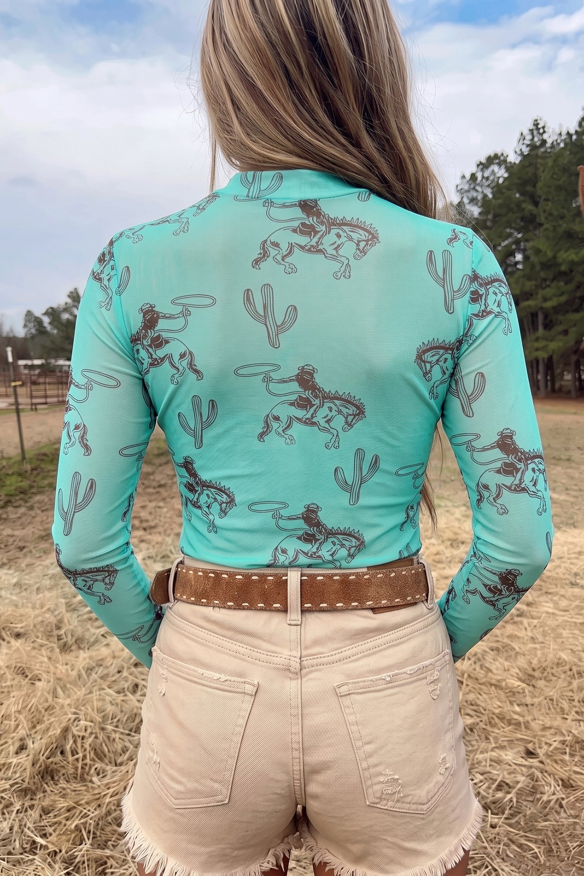 Coming Soon!!....Aruba Blue Western Print High Neck Long Sleeve Sheath Mesh Top