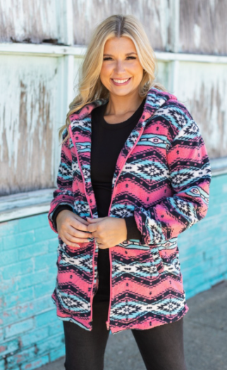 Shepra Western Hooded Jacket in pink Aztec print