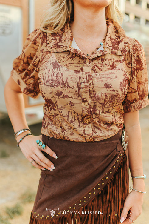 LUCKY AND BLESSED Camel Western Scene Mesh Button Down Shirt