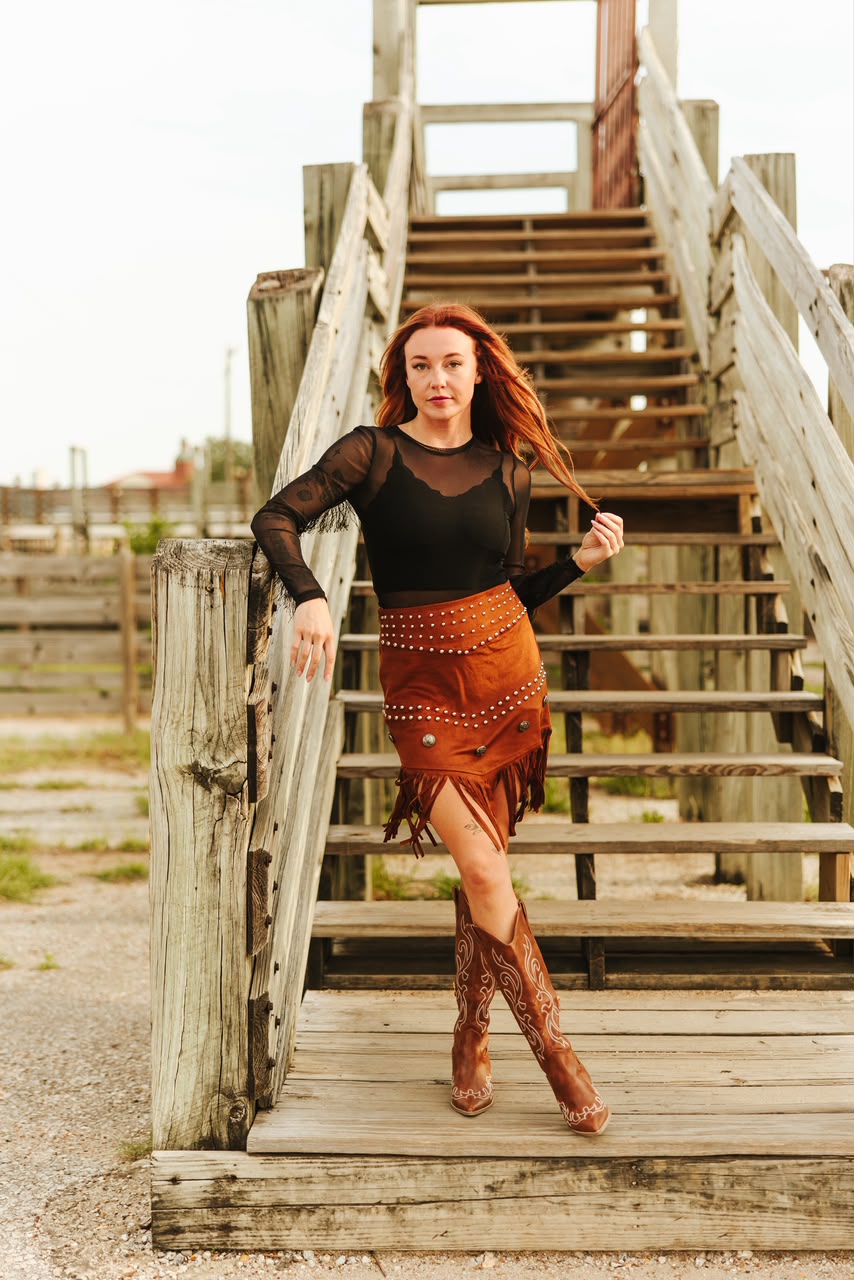 Lucky & Blessed black fringe mesh western bodysuit - full length view