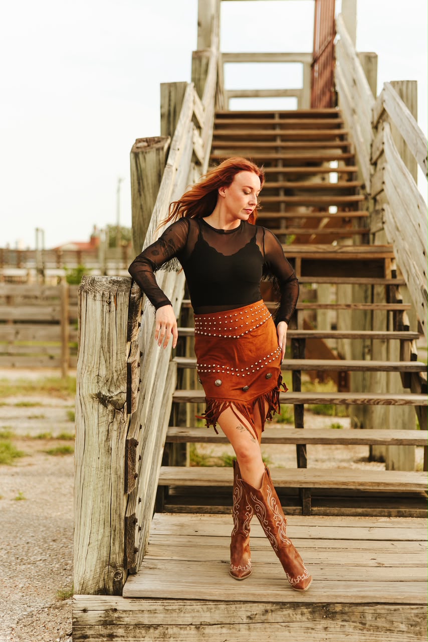Lucky & Blessed black fringe mesh western bodysuit - side view