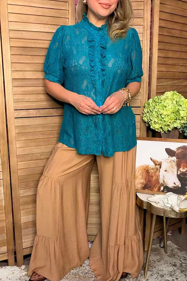 Western Teal Lace Sheer Ruffle Short Sleeve Top