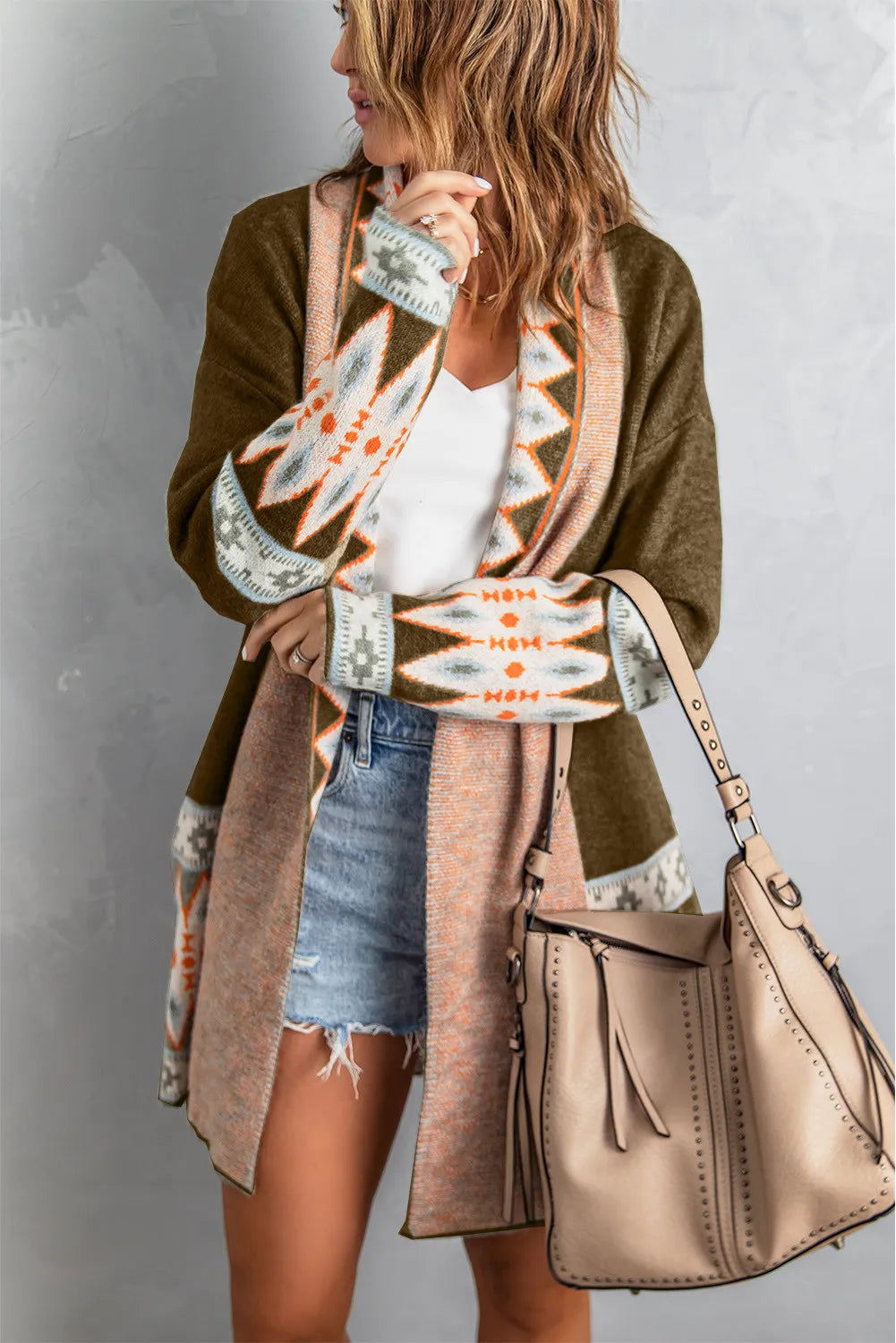 Brown Aztec Print Open Front Knitted Cardigan - side view