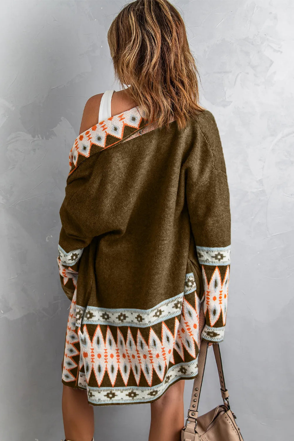 Brown Aztec Print Open Front Knitted Cardigan - back view