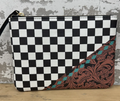 Cowgirl Check Cosmetic Bag - black and white checkered with tooled leather patch