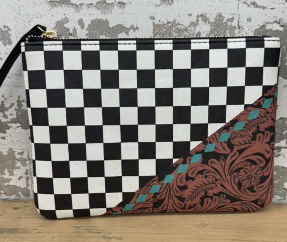 Cowgirl Check Cosmetic Bag - black and white checkered with tooled leather patch
