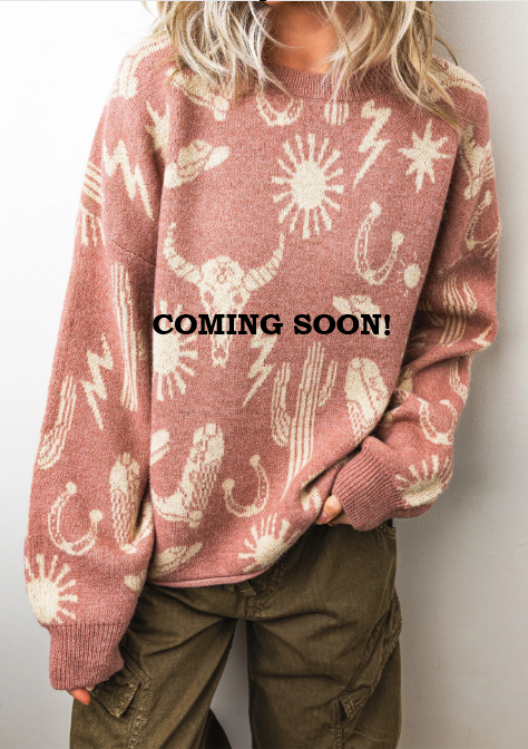 Peach Blossom Western Print Drop Shoulder Round Neck Long Sleeve Sweater