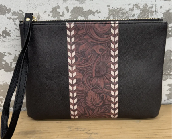 Midnight Charm Cosmetic Bag - black with leather tooling pattern
