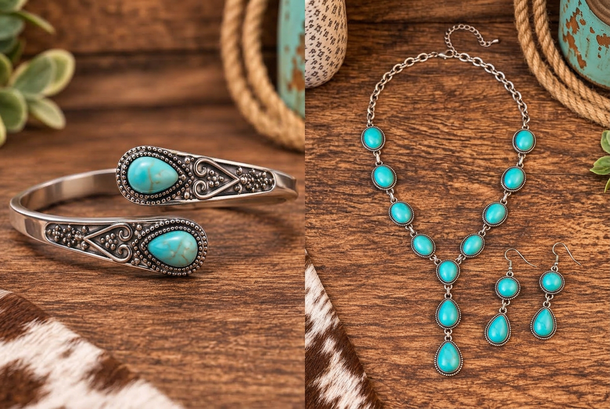Combined product photo of turquoise Western jewelry set including cuff bracelet, Y-drop necklace and earrings