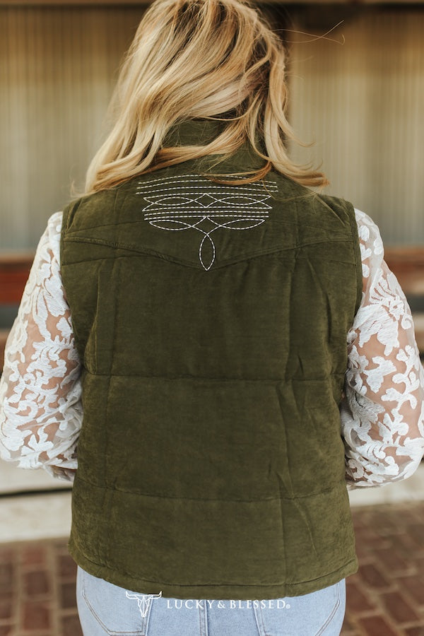 Lucky & Blessed olive quilted vest - back view with embroidery detail
