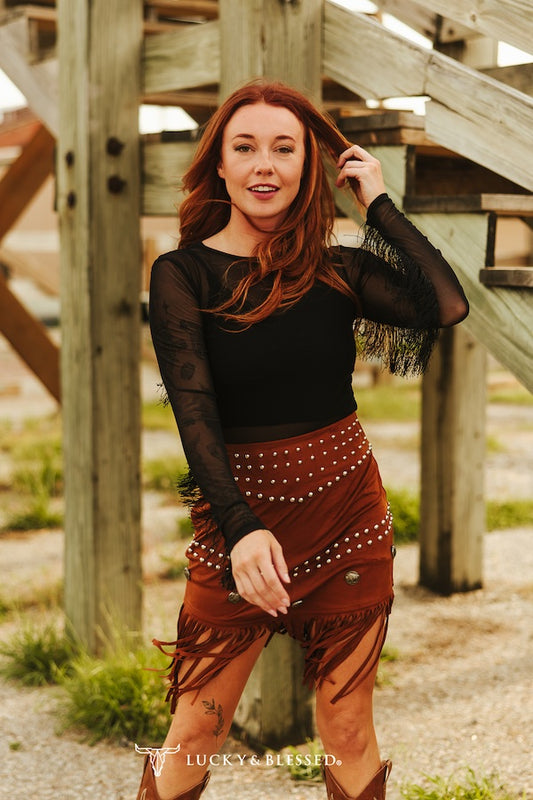 Lucky & Blessed black fringe mesh western bodysuit - front view